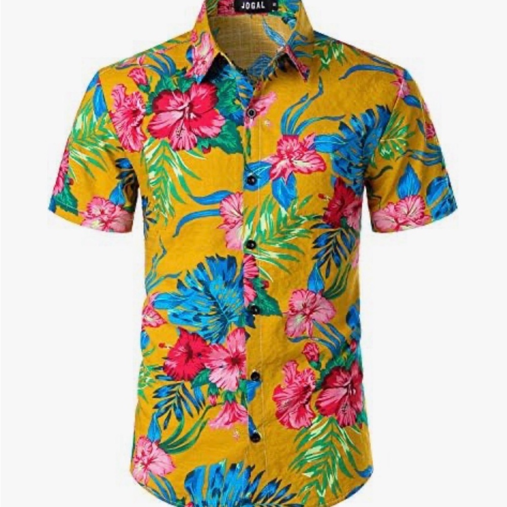 JOGAL Men's Casual Floral Pattern Short Sleeve Hawaiian Shirt, ginger yellow, L